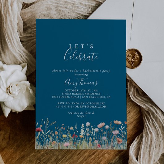 Invitation Navy Bliss Boho Wildflower Let's Celebrate Party