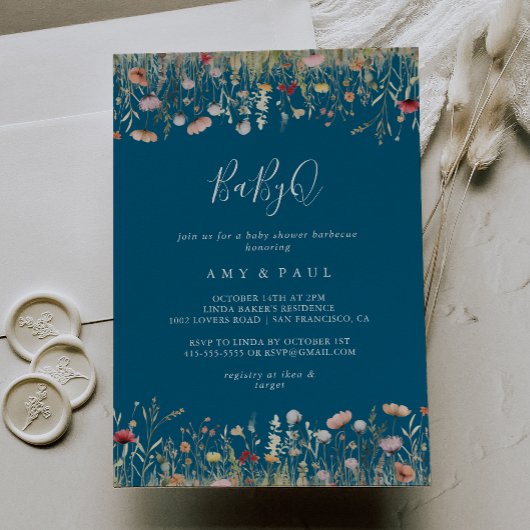 Invitation Navy Bliss Wildflower  BabyQ Baby Shower Barbecue