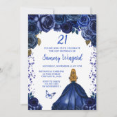 Invitation Navy Blonde Cheveux Princesse Anniversaire (Devant)