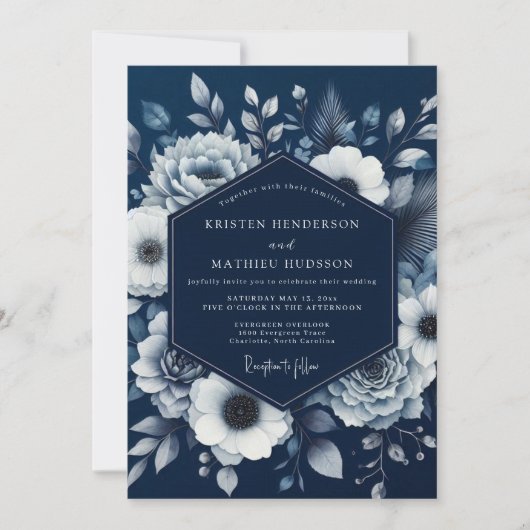 Invitation Navy Bloom Romance Wedding (Devant)