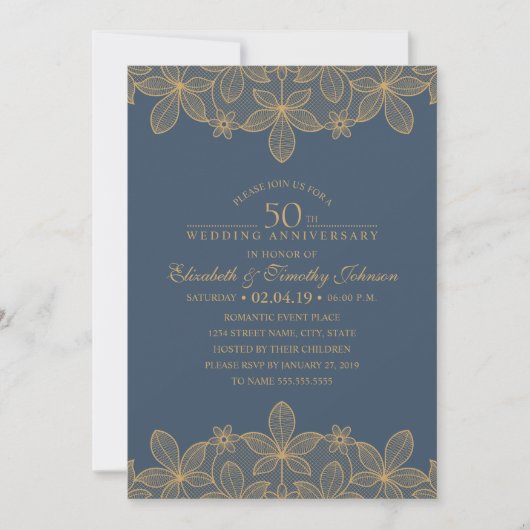Invitation Navy Blue 50e Anniversaire de Mariage Dentelle Dor (Devant)