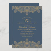 Invitation Navy Blue 90th Birthday Party Dentelle d'or unique (Devant / Derrière)