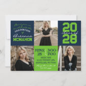 Invitation Navy Blue & Action Green 3 Photo Graduation (Devant)