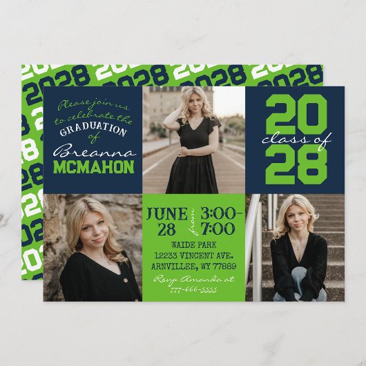 Invitation Navy Blue & Action Green 3 Photo Graduation