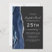 Invitation Navy Blue Agate Argent Foncé 25e Anniversaire (Devant)