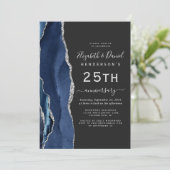 Invitation Navy Blue Agate Argent Foncé 25e Anniversaire (Debout devant)
