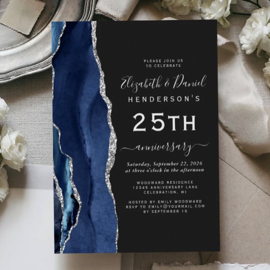Invitation Navy Blue Agate Argent Foncé 25e Anniversaire