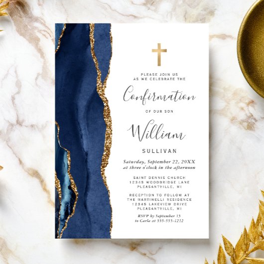 Invitation Navy Blue Agate Gold Glitter Confirmation