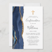 Invitation Navy Blue Agate Gold Glitter Confirmation (Devant)