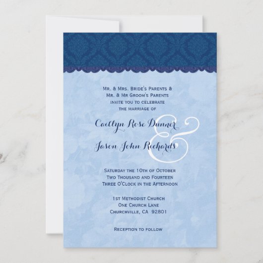 Invitation Navy Blue and Baby Blue Mariage damassé V007 (Devant)