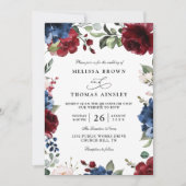 Invitation Navy Blue and Burgundy Blush QR Code Wedding  (Devant)
