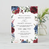 Invitation Navy Blue and Burgundy Blush QR Code Wedding  (Debout devant)