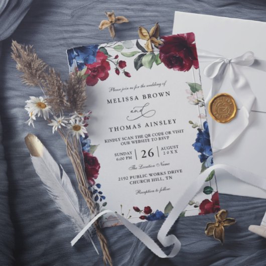 Invitation Navy Blue and Burgundy Blush QR Code Wedding 