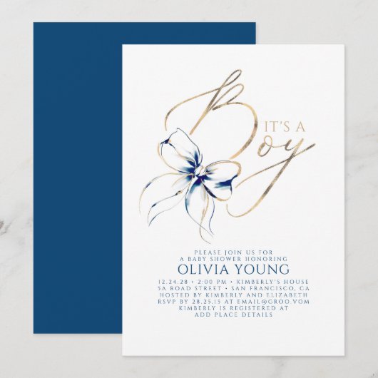 Invitation Navy Blue and Gold Bow Boy Baby Shower (Devant / Derrière)