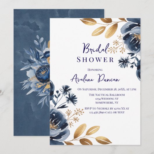 Invitation Navy Blue and Gold Peony Bridal Shower (Devant / Derrière)