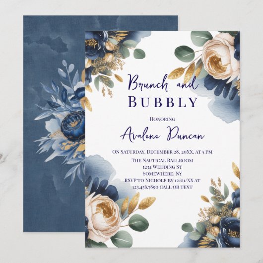 Invitation Navy Blue and Gold Peony Brunch and Bubbly (Devant / Derrière)