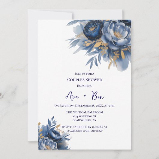Invitation Navy Blue and Gold Peony Flower Couples Shower (Devant)