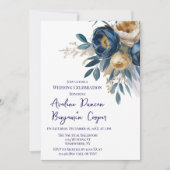 Invitation Navy Blue and Gold Peony Wedding Celebration  (Devant)