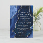 Invitation Navy Blue and Silver Agate Marble Sweet Sixteen (Debout devant)