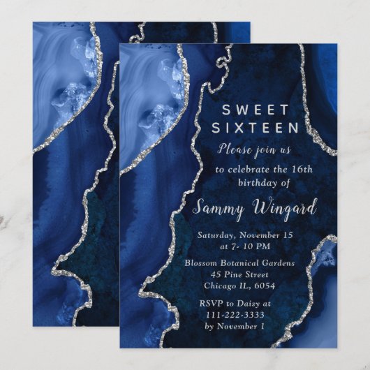 Invitation Navy Blue and Silver Agate Marble Sweet Sixteen (Devant / Derrière)