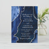 Invitation Navy Blue and Silver Agate Marble Wedding (Debout devant)