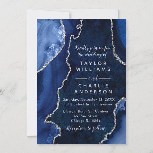 Invitation Navy Blue and Silver Agate Marble Wedding (Devant)