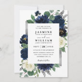 Invitation Navy Blue and Silver Floral QR Code Wedding (Devant)
