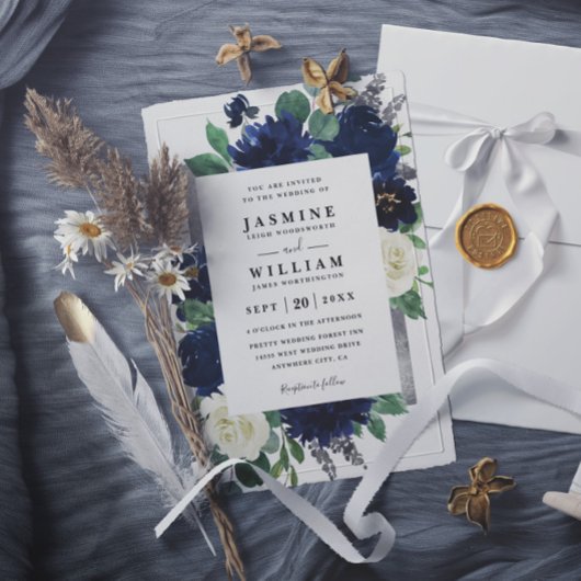 Invitation Navy Blue and Silver Floral QR Code Wedding