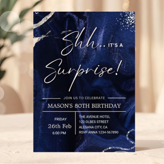 Invitation Navy Blue and Silver Surprise Party