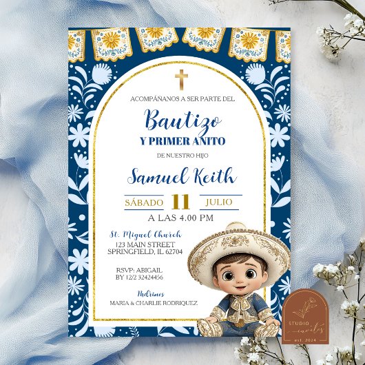 Invitation Navy Blue Arch Cielito Lindo Baptism 1st Birthday