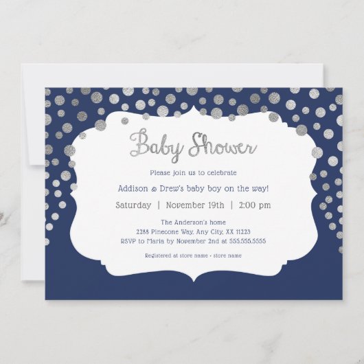 Invitation Navy Blue argent dots garçon bébé douche invitatio (Devant)