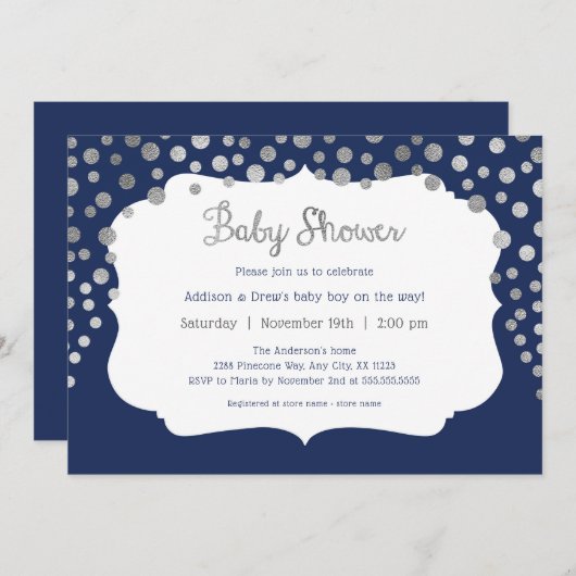 Invitation Navy Blue argent dots garçon bébé douche invitatio (Devant / Derrière)