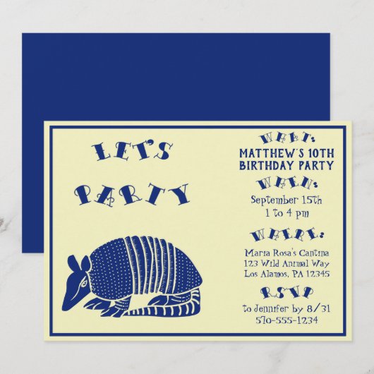Invitation Navy Blue Armadillo fête d'anniversaire personnali (Devant / Derrière)