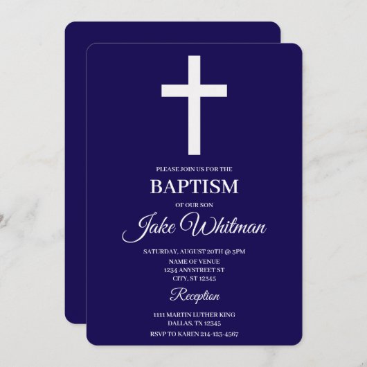 Invitation Navy blue Baptism (Devant / Derrière)