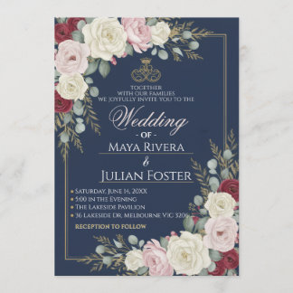 Invitation Navy Blue Blush Burgundy Floral Gold Frame Wedding