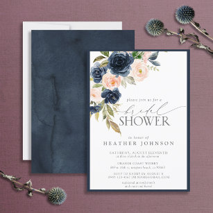 Invitation Navy Blue & Blush Floral Watercolor Bridal Shower
