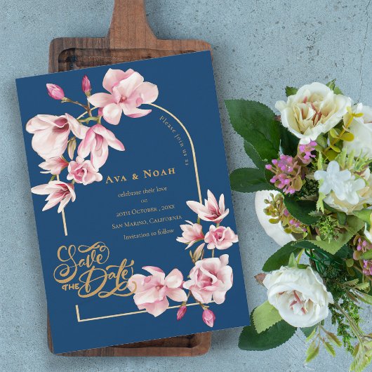 Invitation Navy Blue Blush Pink Magnolia Floral Save the Date