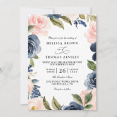 Invitation Navy Blue Blush Pink Rose Boho QR Code Wedding (Devant)