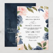 Invitation Navy Blue Blush Pink Rose Boho QR Code Wedding (Devant / Derrière)