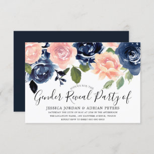 Invitation Navy Blue Blush rose Fleurs Parti de révélation de