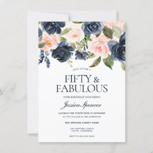 Invitation Navy Blue Blush rose Floral 50e fête d'anniversair