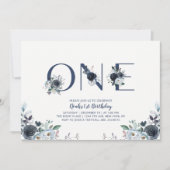 Invitation Navy Blue Boho Chic Floral Boy 1er anniversaire (Devant)