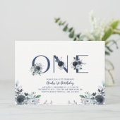 Invitation Navy Blue Boho Chic Floral Boy 1er anniversaire (Debout devant)