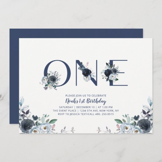 Invitation Navy Blue Boho Chic Floral Boy 1er anniversaire (Devant / Derrière)