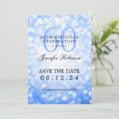 Invitation Navy Blue Bokeh 60th Birthday Save Date / Détails (Debout devant)