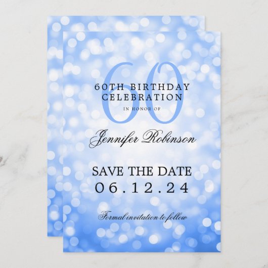 Invitation Navy Blue Bokeh 60th Birthday Save Date / Détails (Devant / Derrière)
