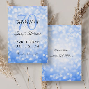 Invitation Navy Blue Bokeh 70th Birthday Enregistrer la date