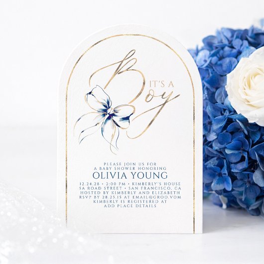 Invitation Navy Blue Bow Elegant Modern Baby Shower Boy