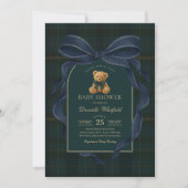 Invitation Navy Blue Bow Plaid Teddy Bear Boy Baby Shower (Devant)