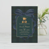 Invitation Navy Blue Bow Plaid Teddy Bear Boy Baby Shower (Debout devant)